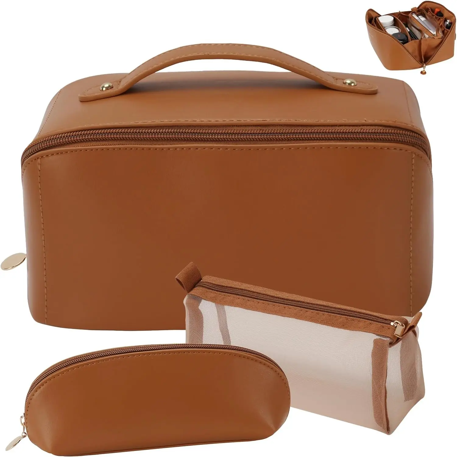 3 Pcs Travel Cosmetic Bag ,Portable Large Capacity Makeup Bags for Lady(Brown) Featured Image