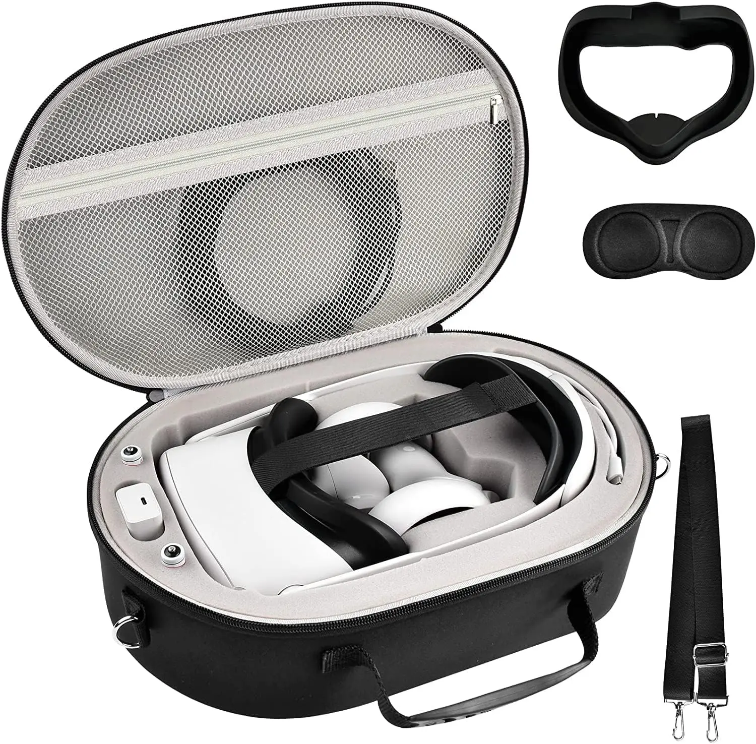 EVA Storage Box Organizer Bag with Silicone Face Cover, Lens Protector, Carrying Case Compatible with Oculus Quest 2 Advanced All-In-One Virtual Reality Headset with Elite Strap & Touch Contro...