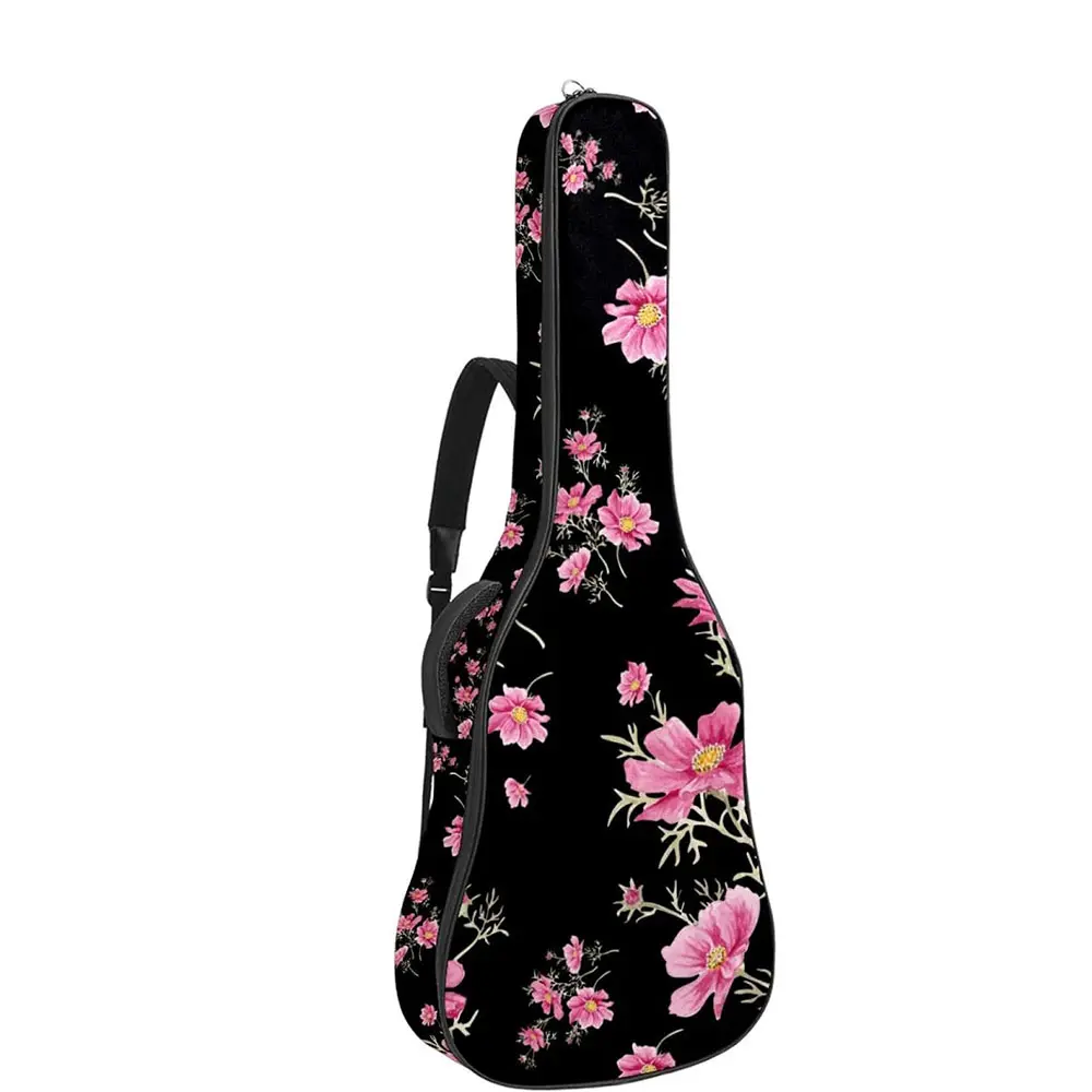 Acoustic Guitar Bag Waterresistant Dual Adjustable Shoulder Strap Guitar Case Bag,Black Pink Flowers and Grass