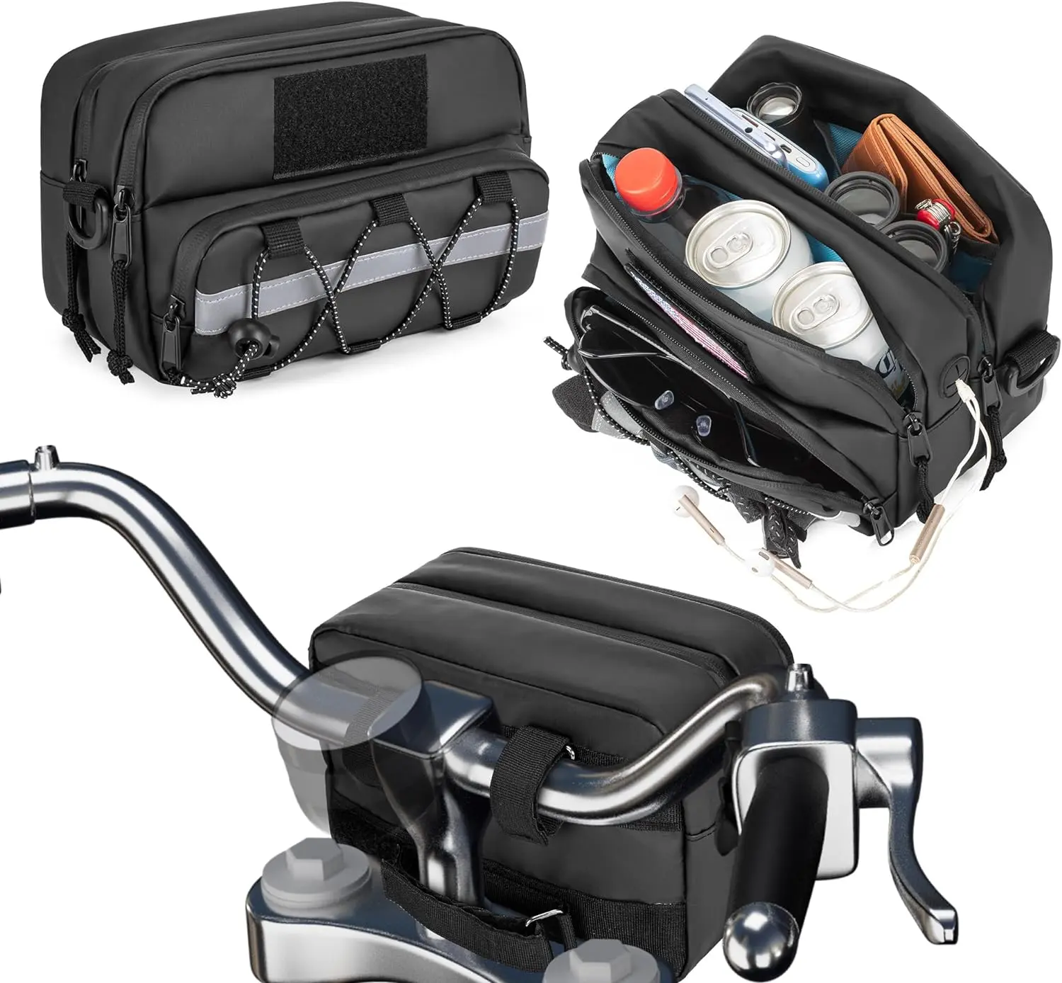 Waterproof Bicycle Handlebar Bag with USB Charge Hole & Shoulder Strap, Motorbike Storage Accessory Pouch, Double-layer Motorcycle Handlebar Bag