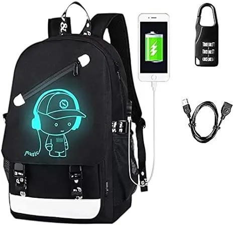 Glow-in-the dark Backpack USB Charging port Laptop Bag Handbag for Boys Girls Men Ladies (Music Boy 2)
