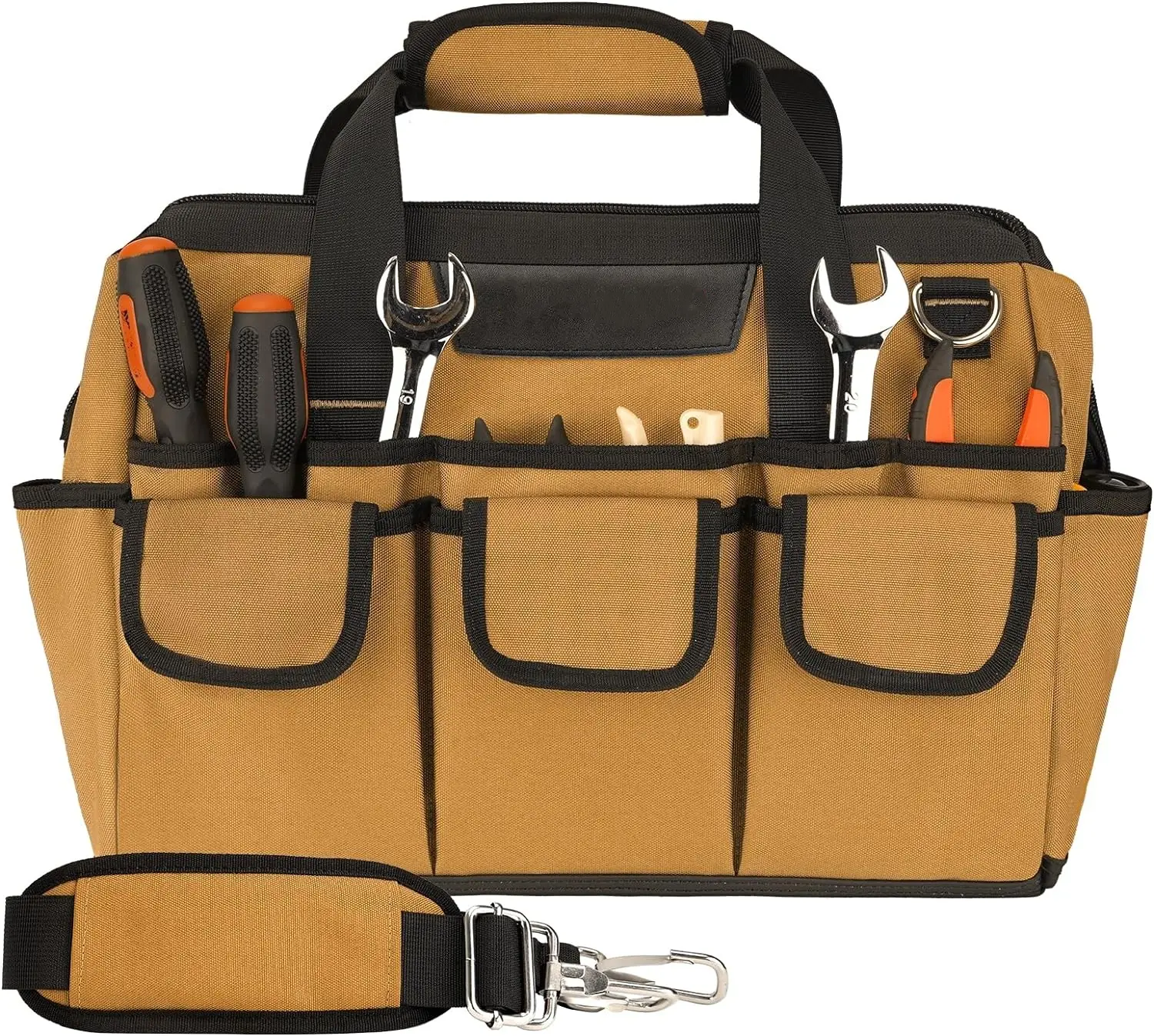 Heavy Duty Tool Bags for Men with Water-Resistant Base and Adjustable Shoulder Strap,14 Inch Wide-Mouth Tool Bag Featured Image