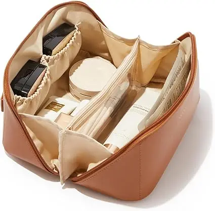 Travel Cosmetic Bags,Big，Capacity Makeup Bags for Ladys,Watertight Portable Pouch Open Flat Toiletry Bags Make up Organizer with Divider and Handle