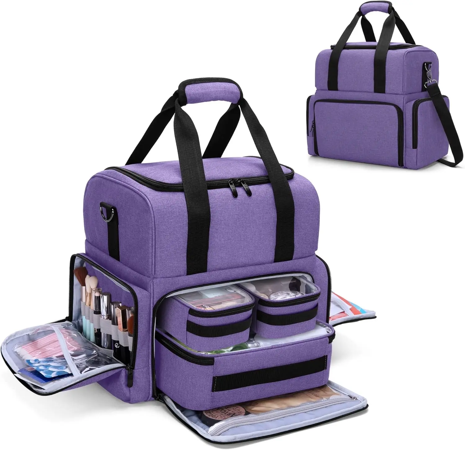 2 Layers Large Travel Makeup Bag with 3 Inner Removable Pouches, Hair Bag Cosmetic Bag