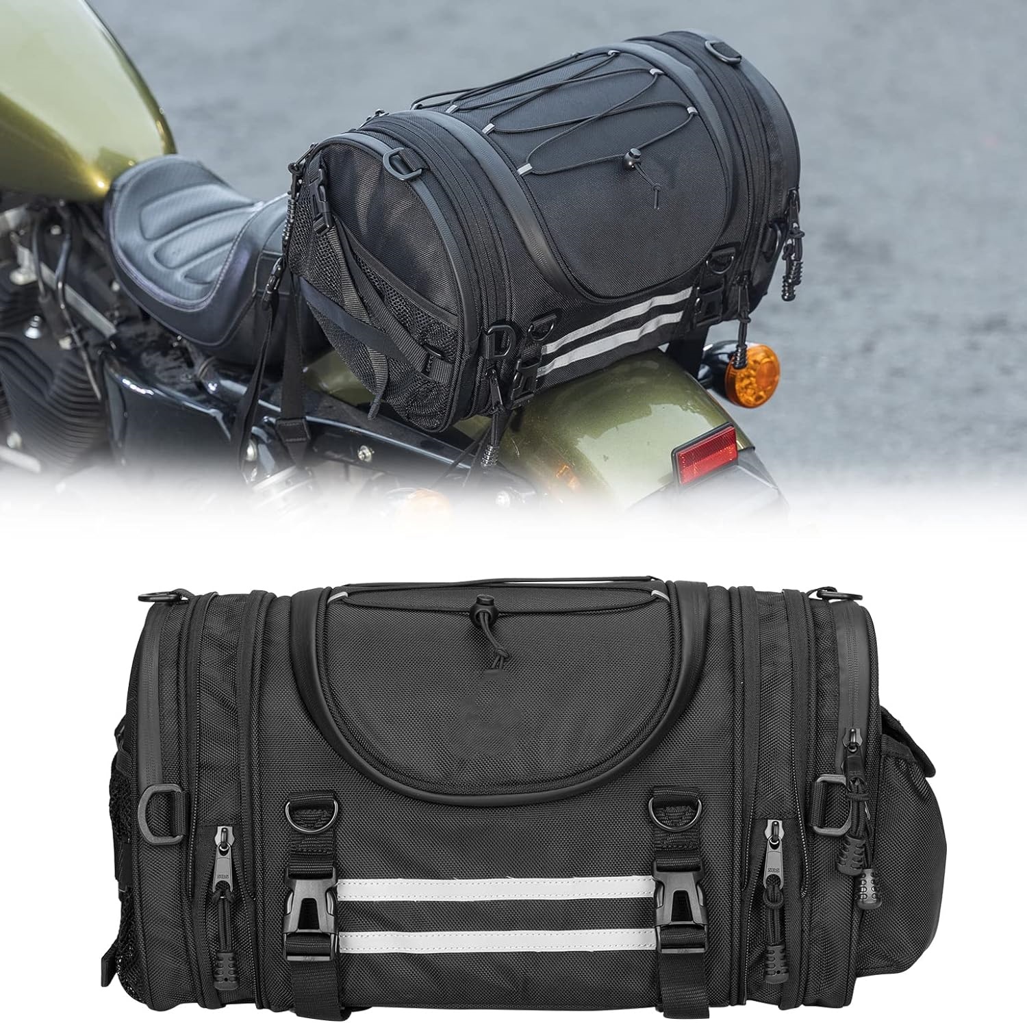 Expandable Motorcycle Tail Bags, Deluxe Roll Rear Seat Bag
