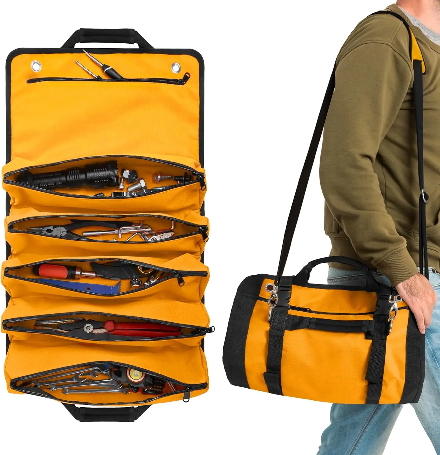 Heavy Duty Tool Roll Bag Organizer – Travel roll up tool bag with 6 Zip Organizer Pouches Featured Image