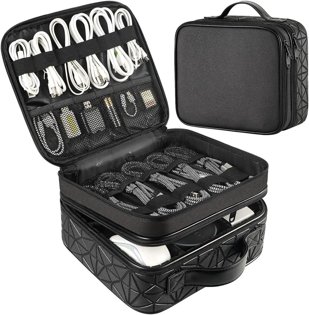 Cable Storage Bag, Waterproof Travel Electronic Storage with Adjustable Divider, Shockproof Portable Double Layer Tech Bag Carrying Case forTech Gift，SD Card， Cord, Earbuds, Charger,  Black