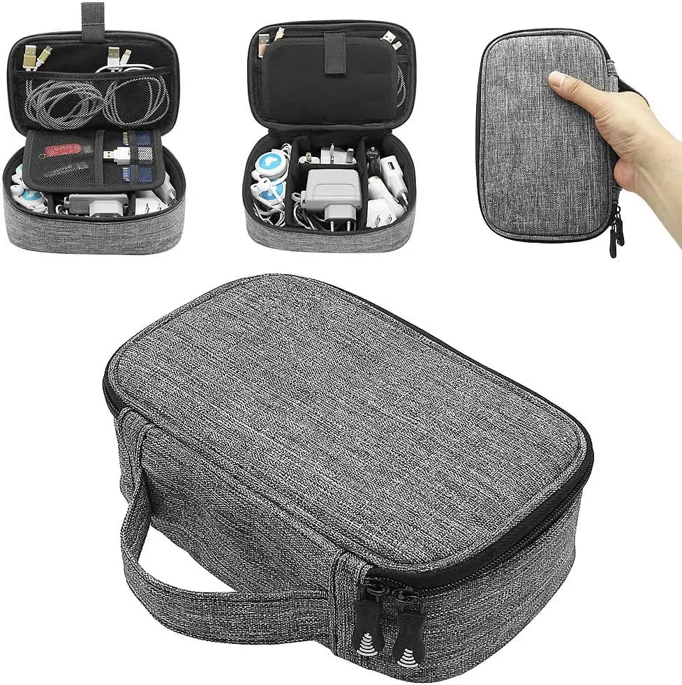 Grey 1680D-Fabrics Travel Organizer, Universal Small Electronic Accessories Carrying Bag for Cables Adapter USB Sticks Leads Memory Cards Featured Image