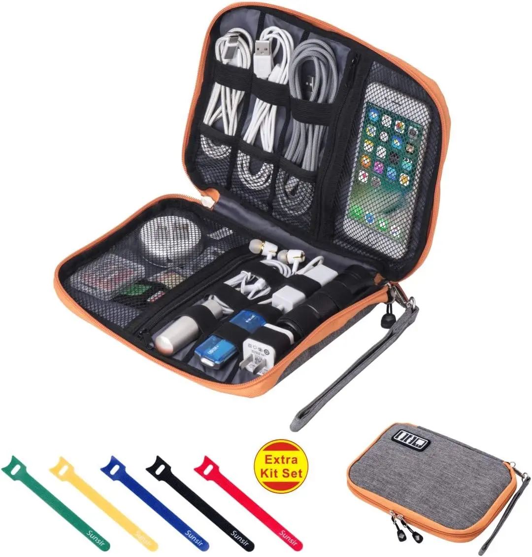 Waterproof Portable Electronic Accessories Organizer for USB Cable Cord Phone Charger Headset Wire SD Card with 5pcs Cable Ties(Orange)，Travel Cable Organizer Bag