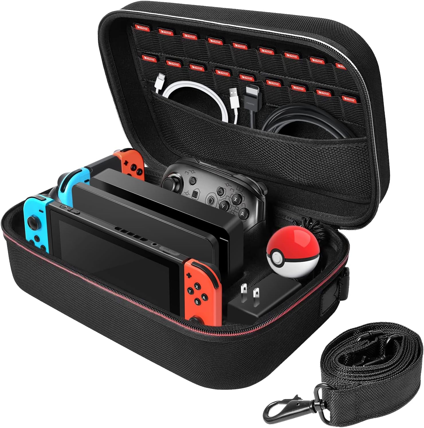Portable Travel All Protective Hard Messenger Bag Soft Lining 18 Games for Switch Console Pro Controller & Accessories,Carrying Case Compatible with Nintendo Switch/Switch OLED Model ,Black