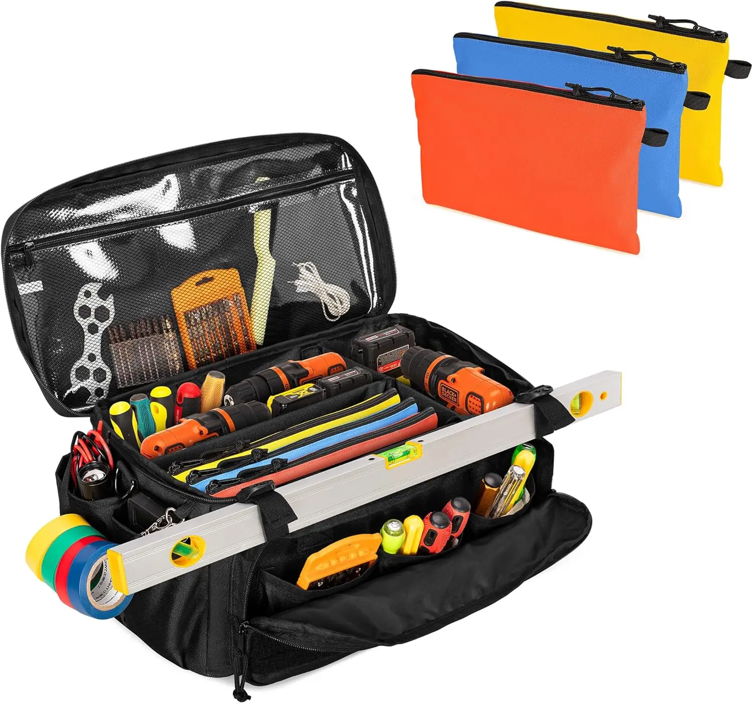Tool Bag and 3 Tool Pouches for Repairman, Electrician, Carpenter