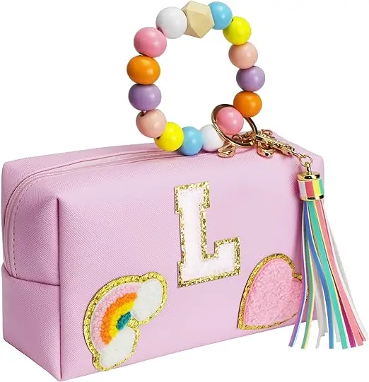 Preppy Stuff Gift for Girls,Personalized Portable Monogram Travel Cosmetic Bag with Keychain Bracelet, Cute Makeup Pouch PU Leather Toiletry Bag，Initial Preppy Makeup Bag for Girls Featured Image