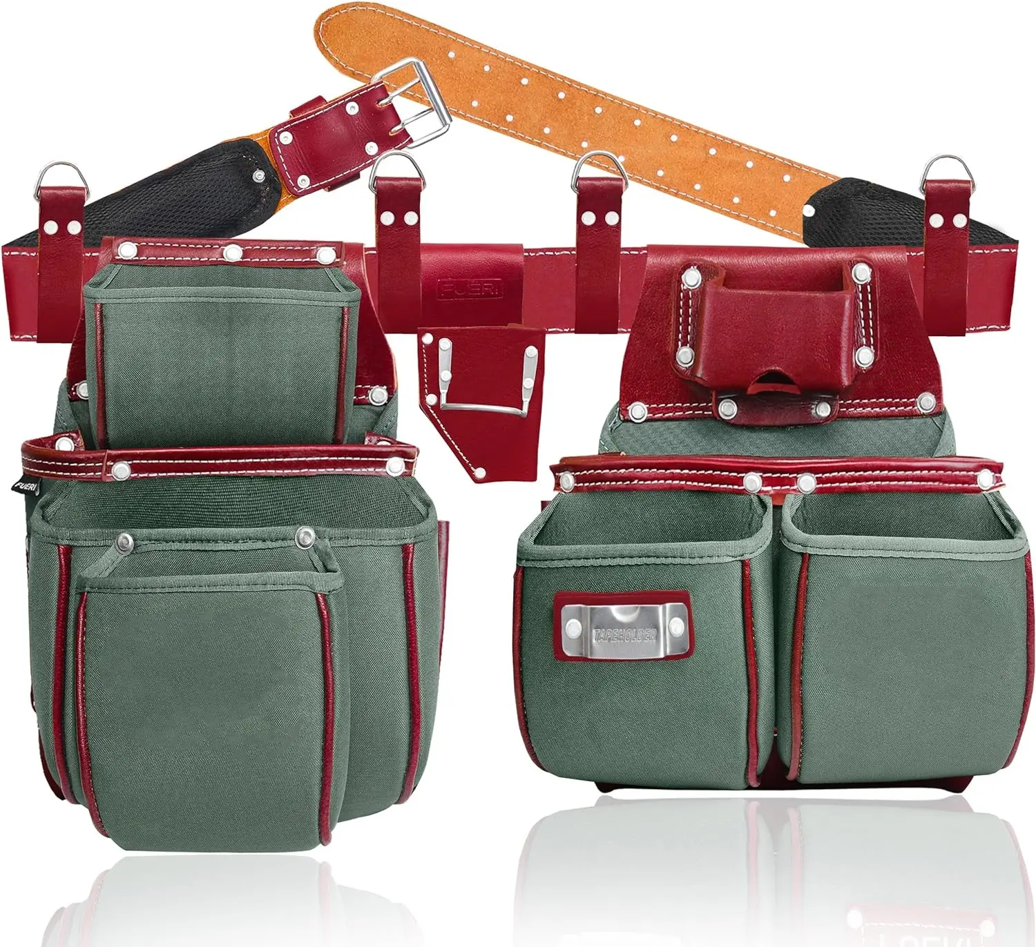 The Nylon & Leather Tool Belt for Men | Heavy Duty Tool Bag set with 2 Pouches, Plier Holder, Foam Padded Work Belt & 4 Suspender Loops for Framers Carpenters Electrician and Construction Tools Featured Image