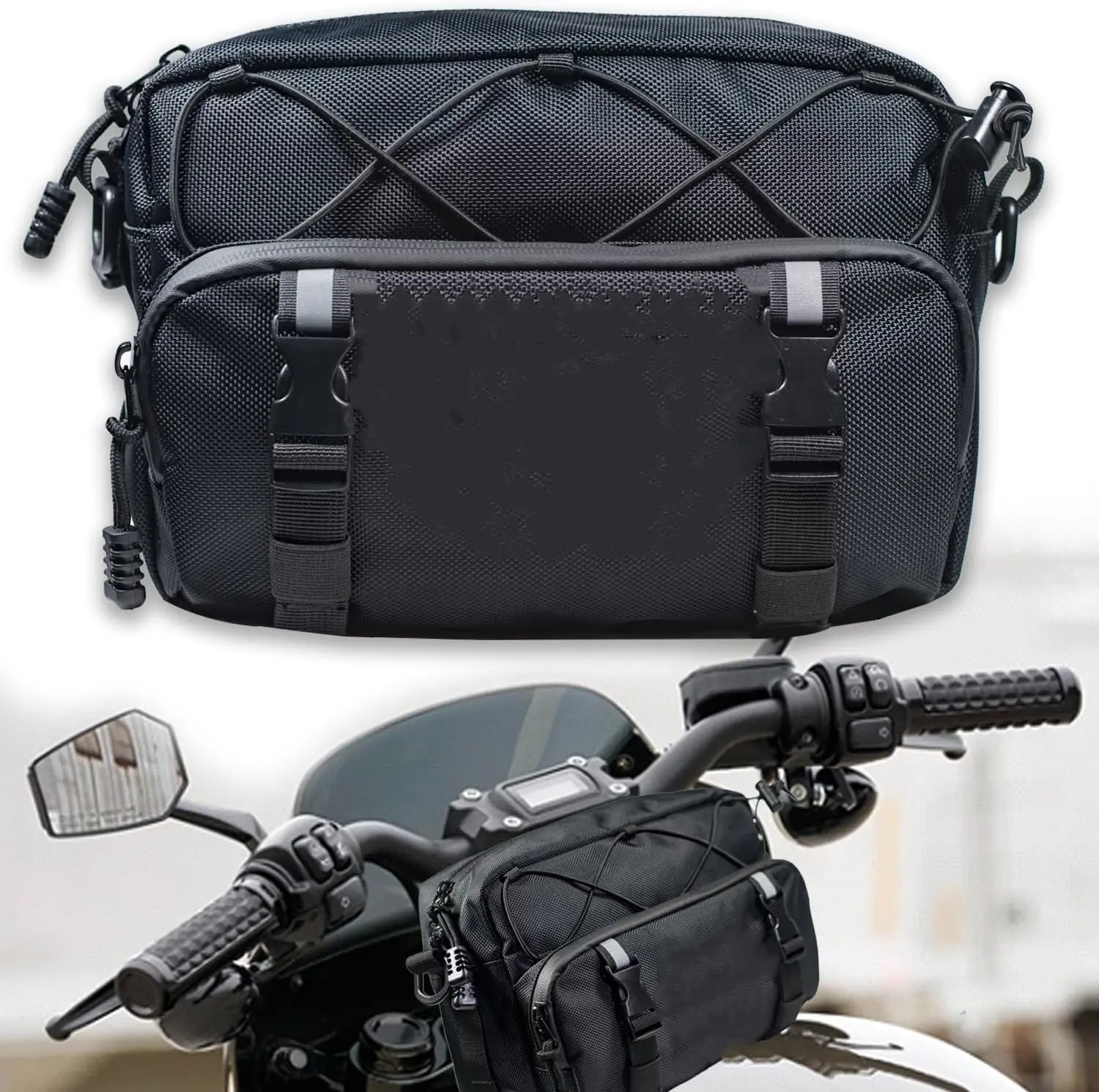 Motorcycle Handlebar Bag,Universal Motorcycle Bag, American Flag 1680D Water-proof Tool Bag Fork Bag Sissy Bar Bag for For Motorbike Cruiser Softail Dyna Sportsters Dirt Bike Bicycle ATV（Black）