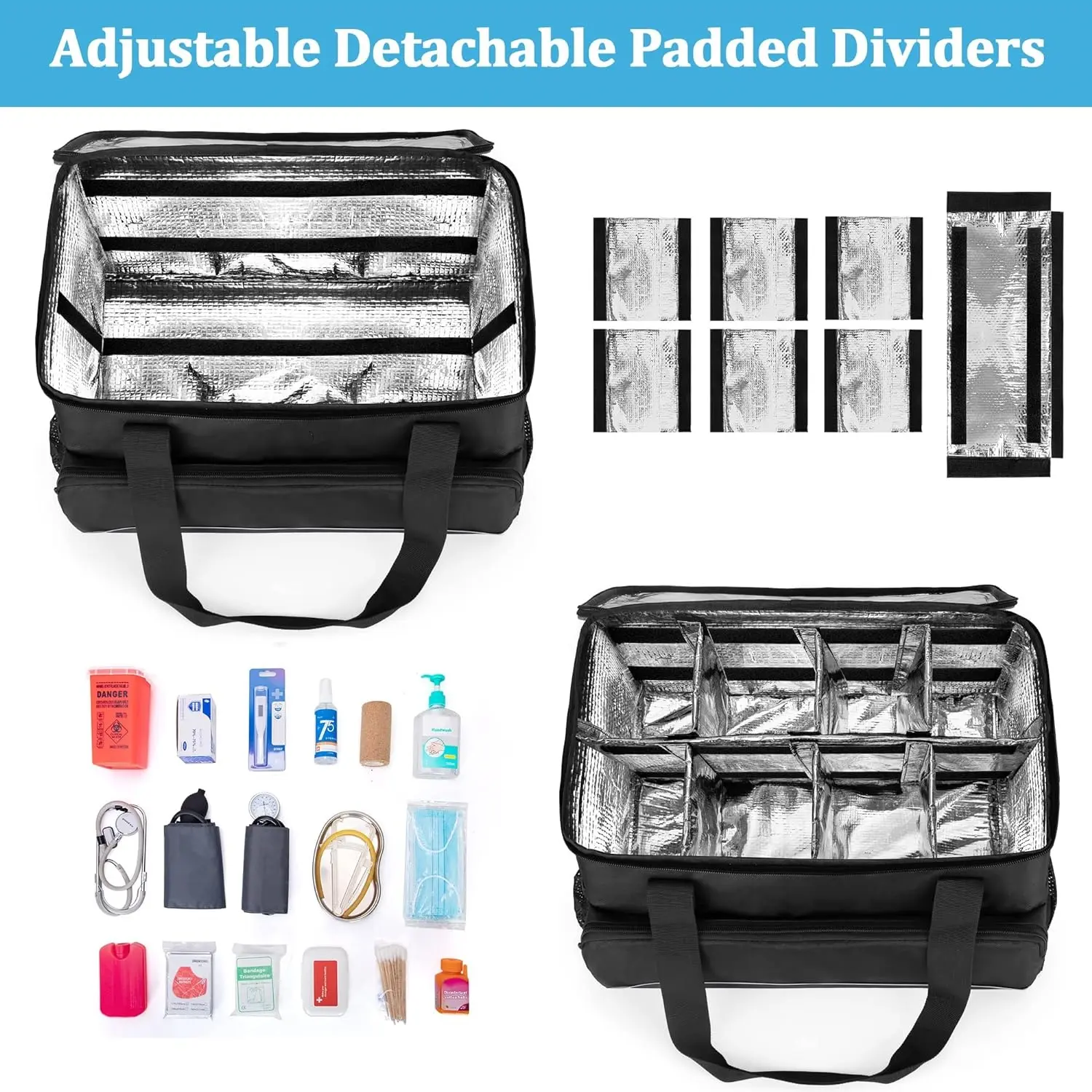 Big  Insulated Medical Bag with Adjustable Dividers, Easy Clean Trauma Bag, Medicine Supplies Storage Bag