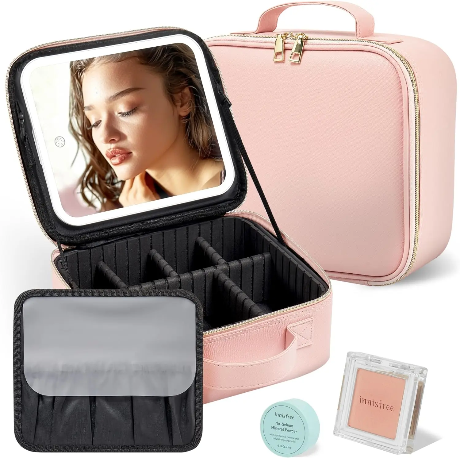Travel Makeup Bag with LED Lighted Make up Case with Mirror